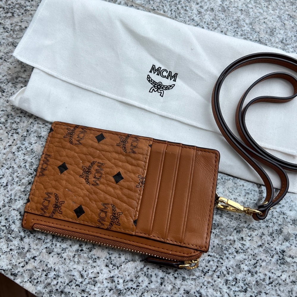 MCM Cognac Brown Card Wallet with Removable Lanyard Strap